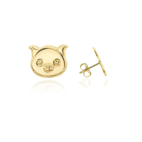 14K Solid Yellow Solid Gold Small Piggy Stud Earrings